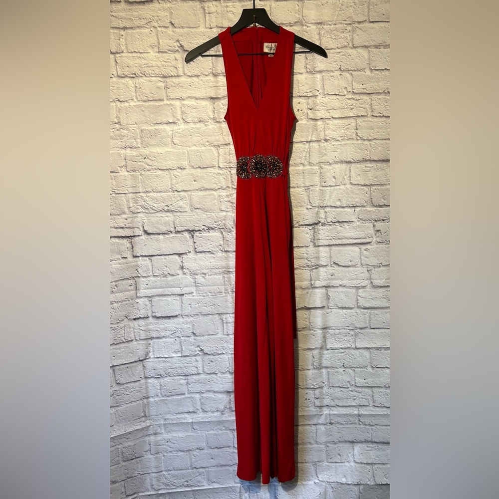Beige by Eci red embellished sleeveless v- neck jumpsuit